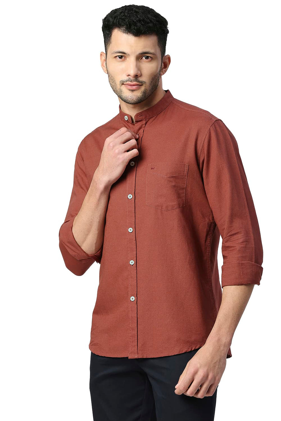 BASICS SLIM FIT BURNT BRICK COTTON LINEN SHIRT
