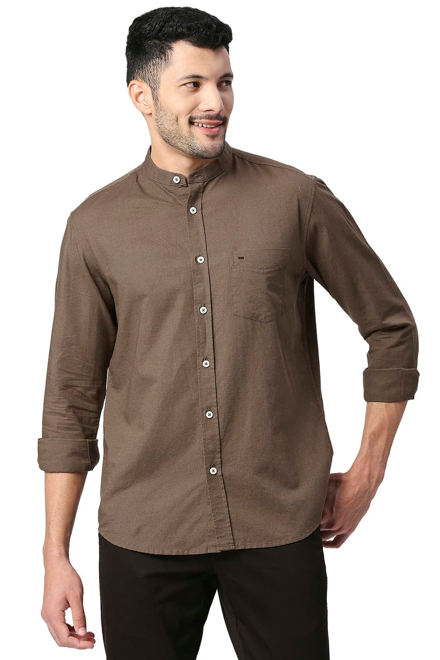 BASICS SLIM FIT FIR OLIVE COTTON LINEN SHIRT