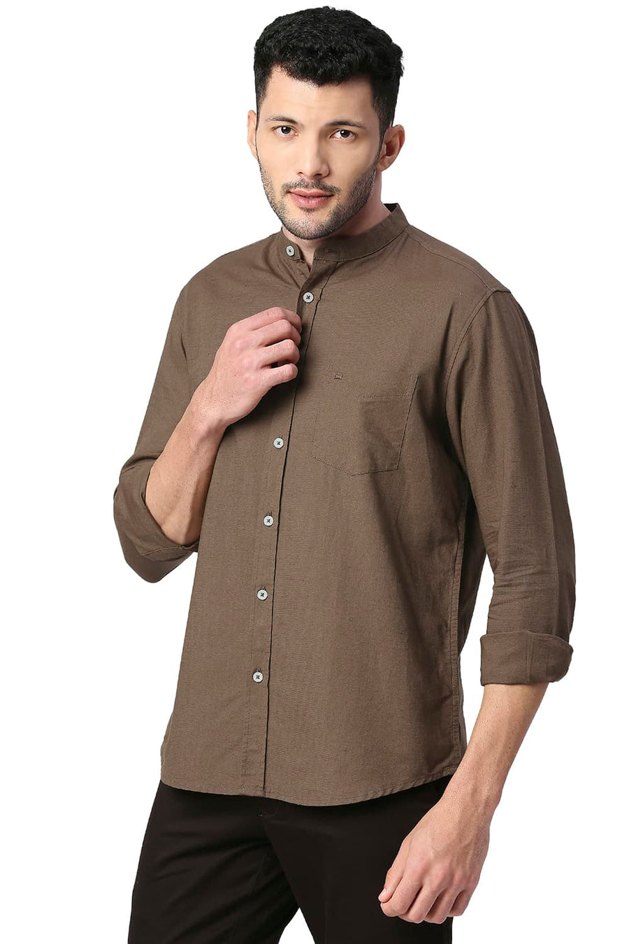 BASICS SLIM FIT FIR OLIVE COTTON LINEN SHIRT