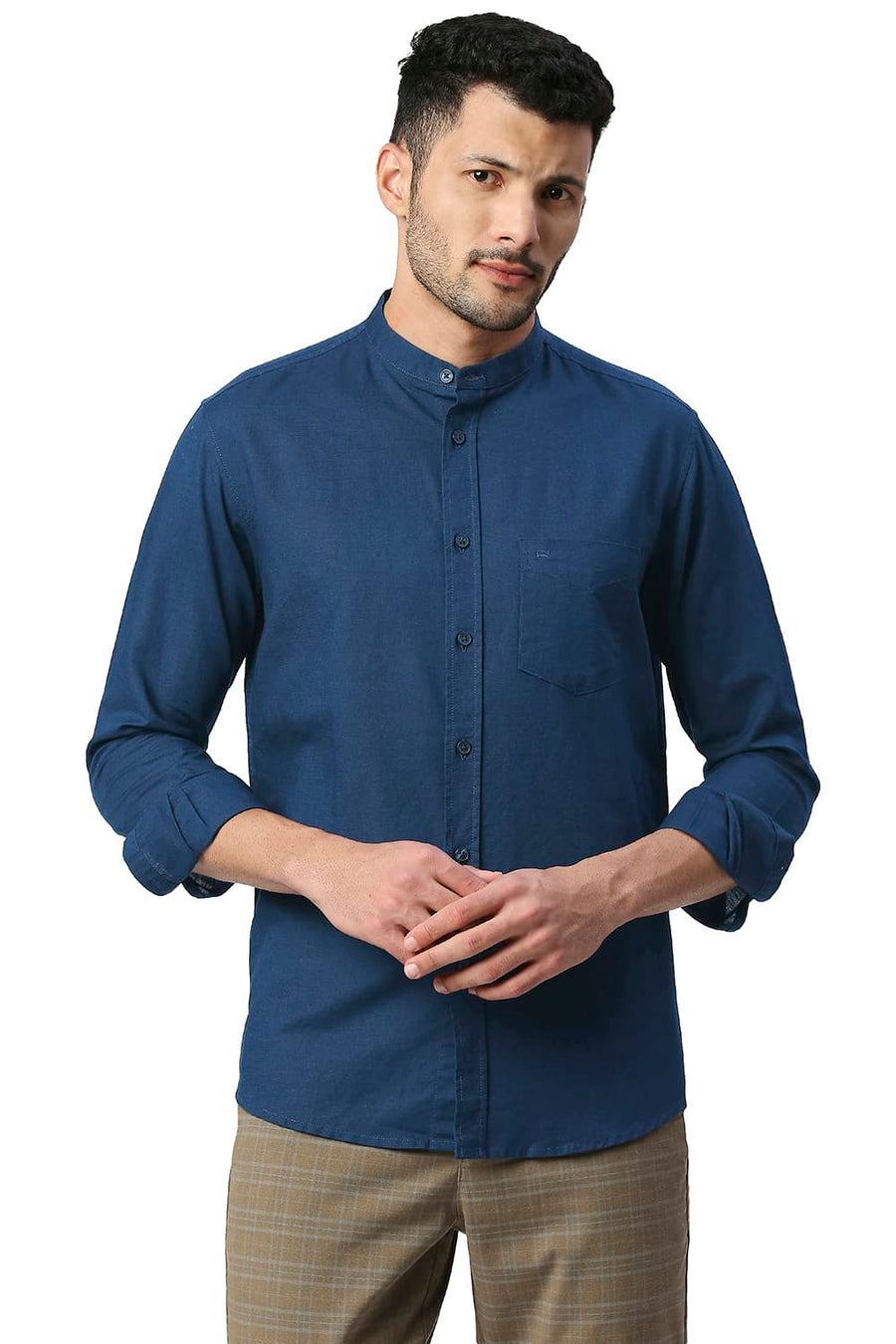 BASICS SLIM FIT TITAN BLUE COTTON LINEN SHIRT