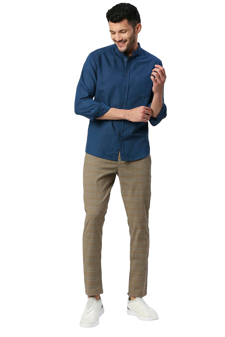 BASICS SLIM FIT TITAN BLUE COTTON LINEN SHIRT