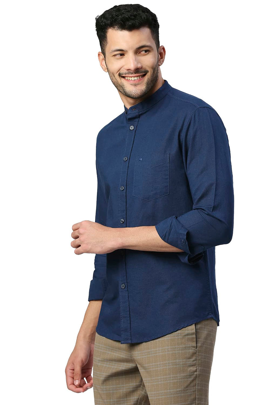 BASICS SLIM FIT TITAN BLUE COTTON LINEN SHIRT