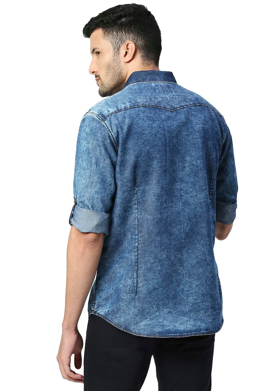 BASICS SLIM FIT INDIGO BLUE COTTON POLYESTER INDIGO SHIRT