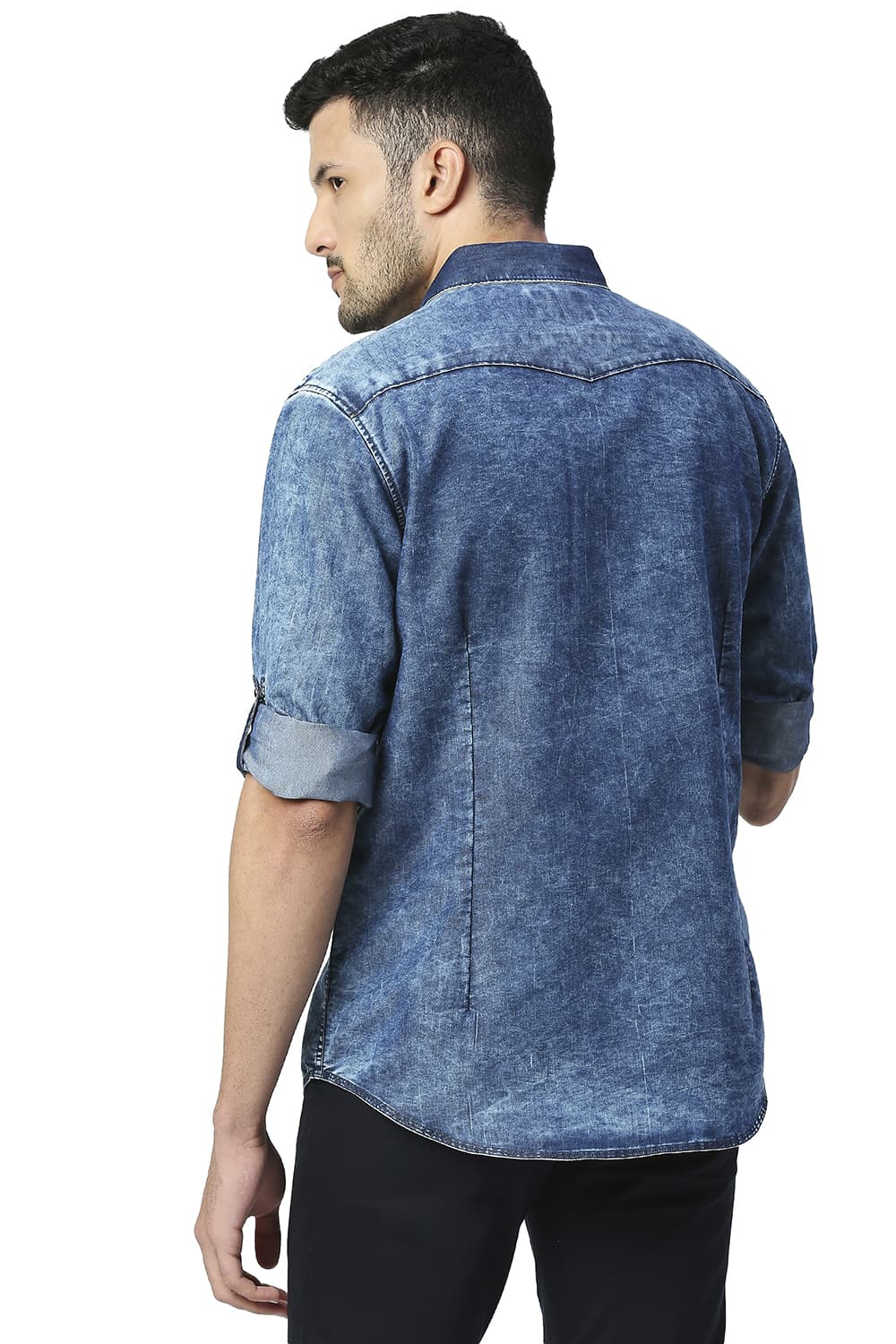 BASICS SLIM FIT COTTON POLYESTER INDIGO SHIRT