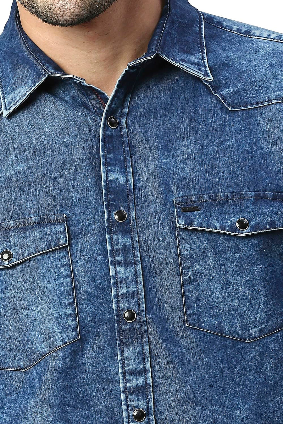 BASICS SLIM FIT INDIGO BLUE COTTON POLYESTER INDIGO SHIRT