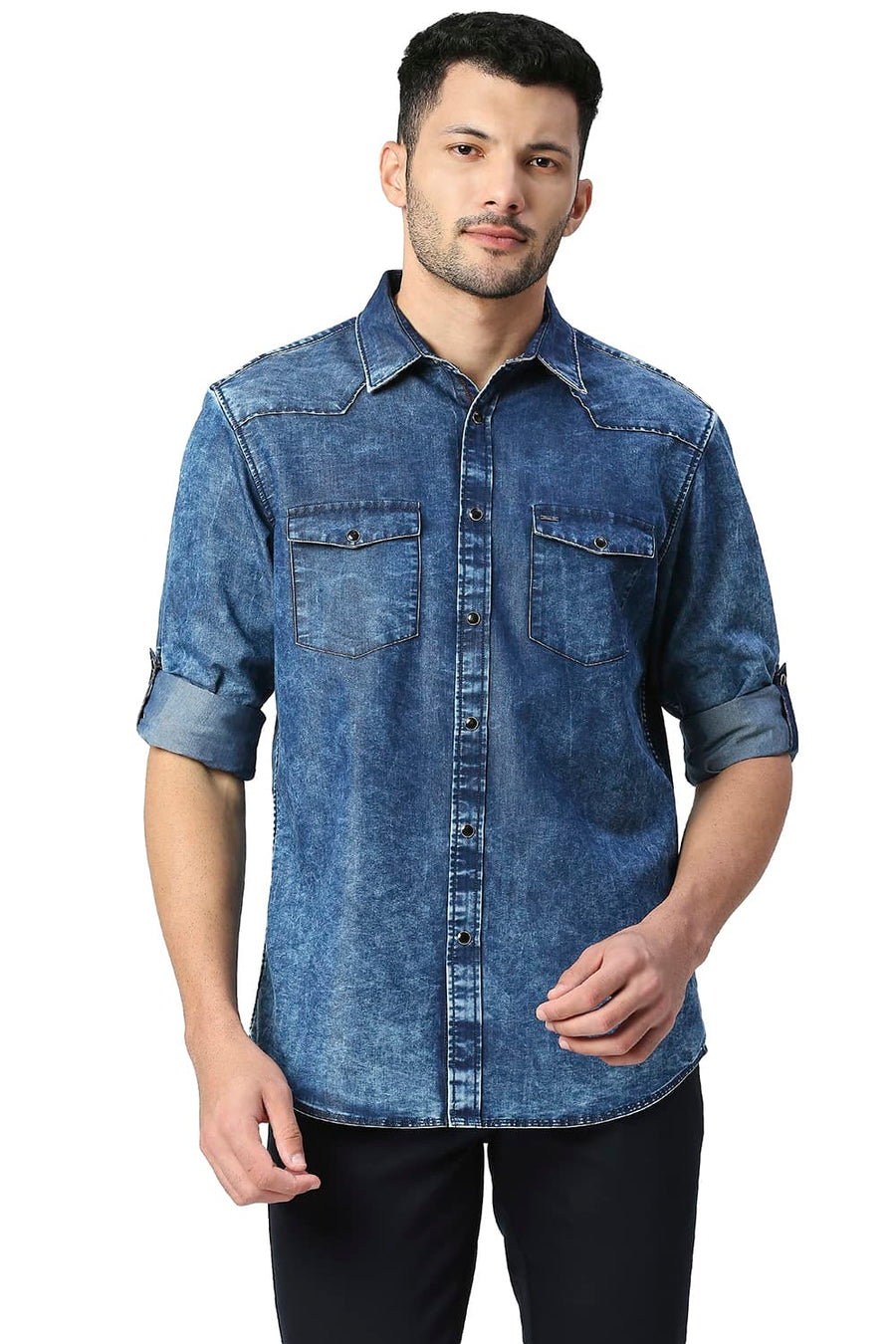 BASICS SLIM FIT INDIGO BLUE COTTON POLYESTER INDIGO SHIRT