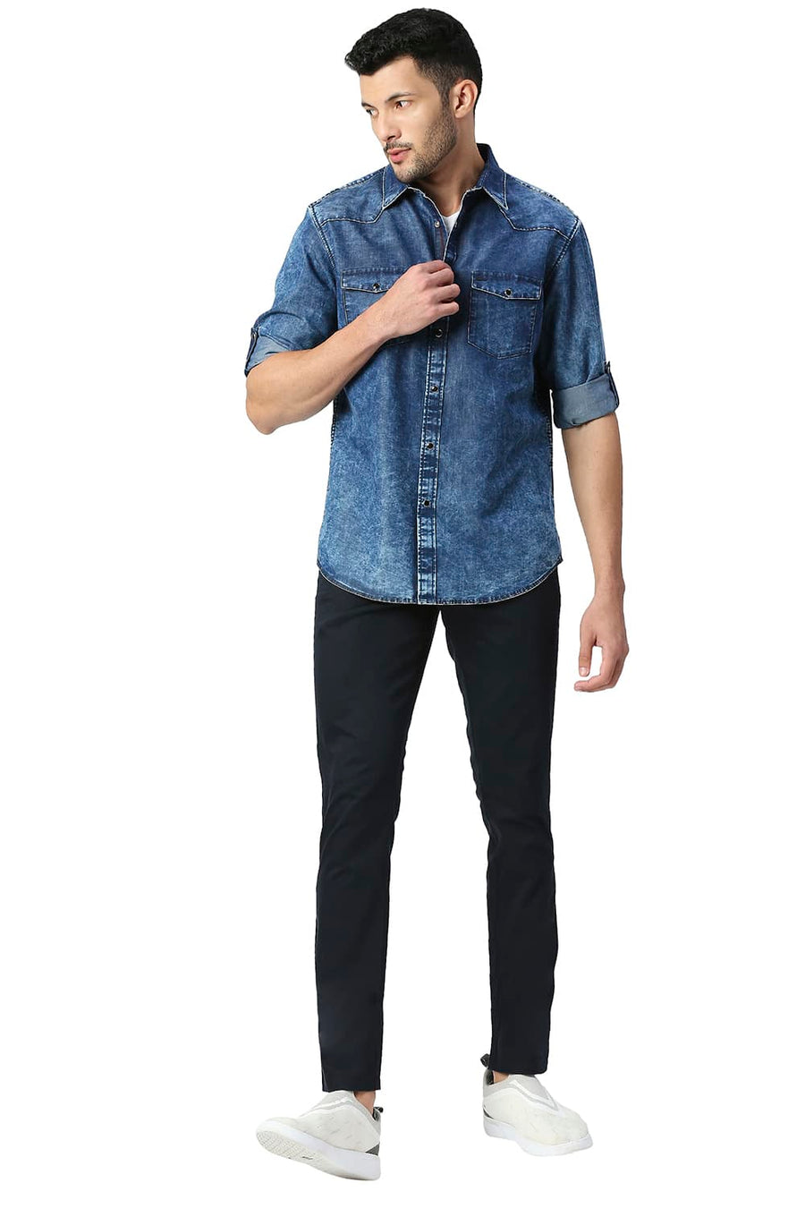 BASICS SLIM FIT INDIGO BLUE COTTON POLYESTER INDIGO SHIRT
