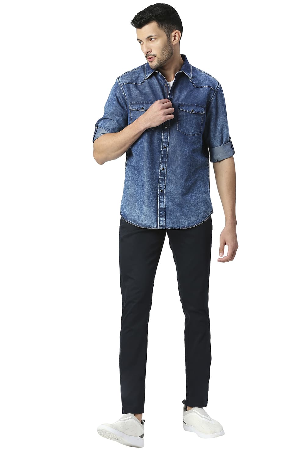 BASICS SLIM FIT COTTON POLYESTER INDIGO SHIRT