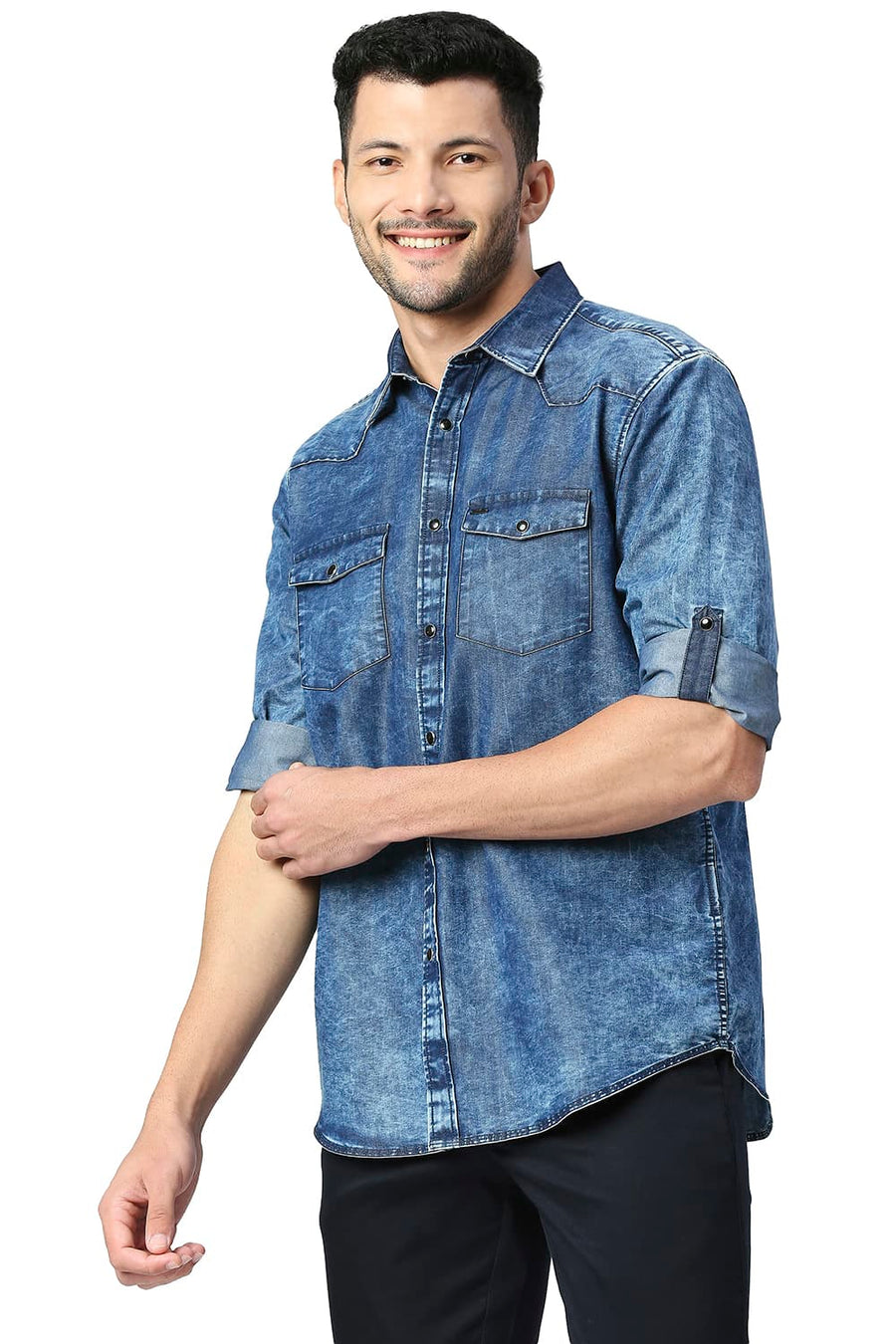 BASICS SLIM FIT INDIGO BLUE COTTON POLYESTER INDIGO SHIRT