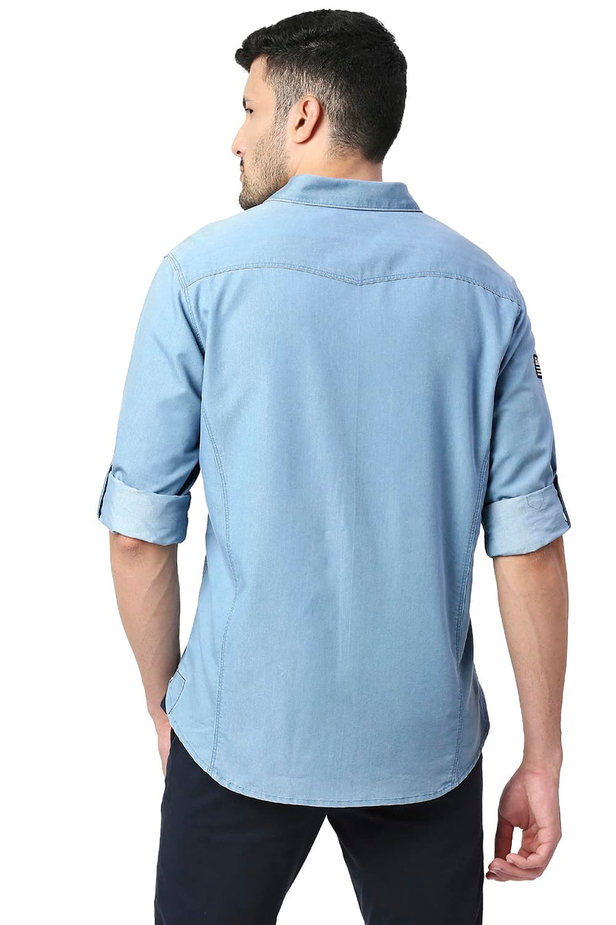 BASICS SLIM FIT DREAM BLUE COTTON POLYESTER INDIGO SHIRT