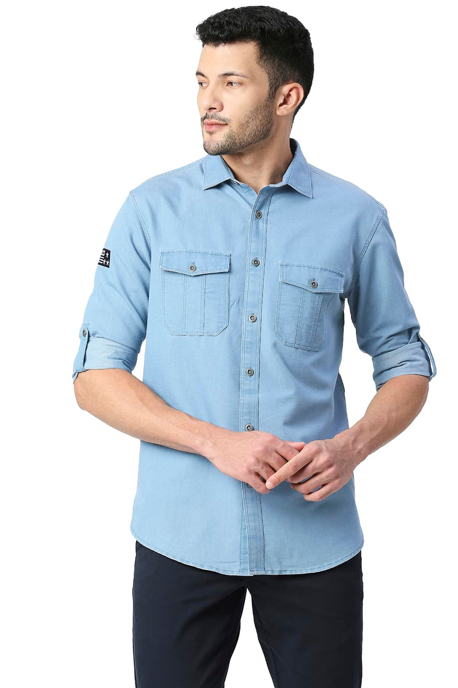BASICS SLIM FIT DREAM BLUE COTTON POLYESTER INDIGO SHIRT