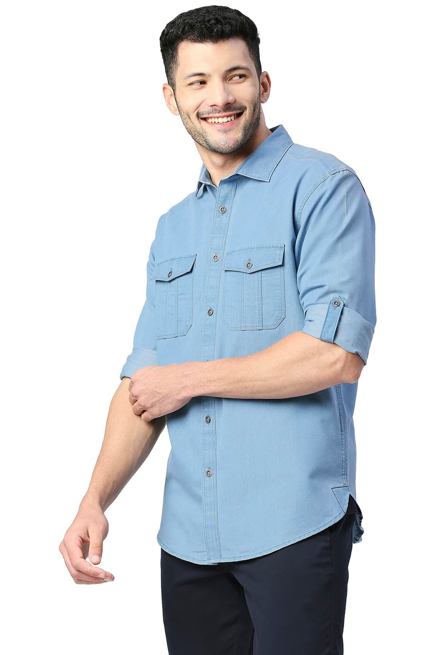 BASICS SLIM FIT DREAM BLUE COTTON POLYESTER INDIGO SHIRT
