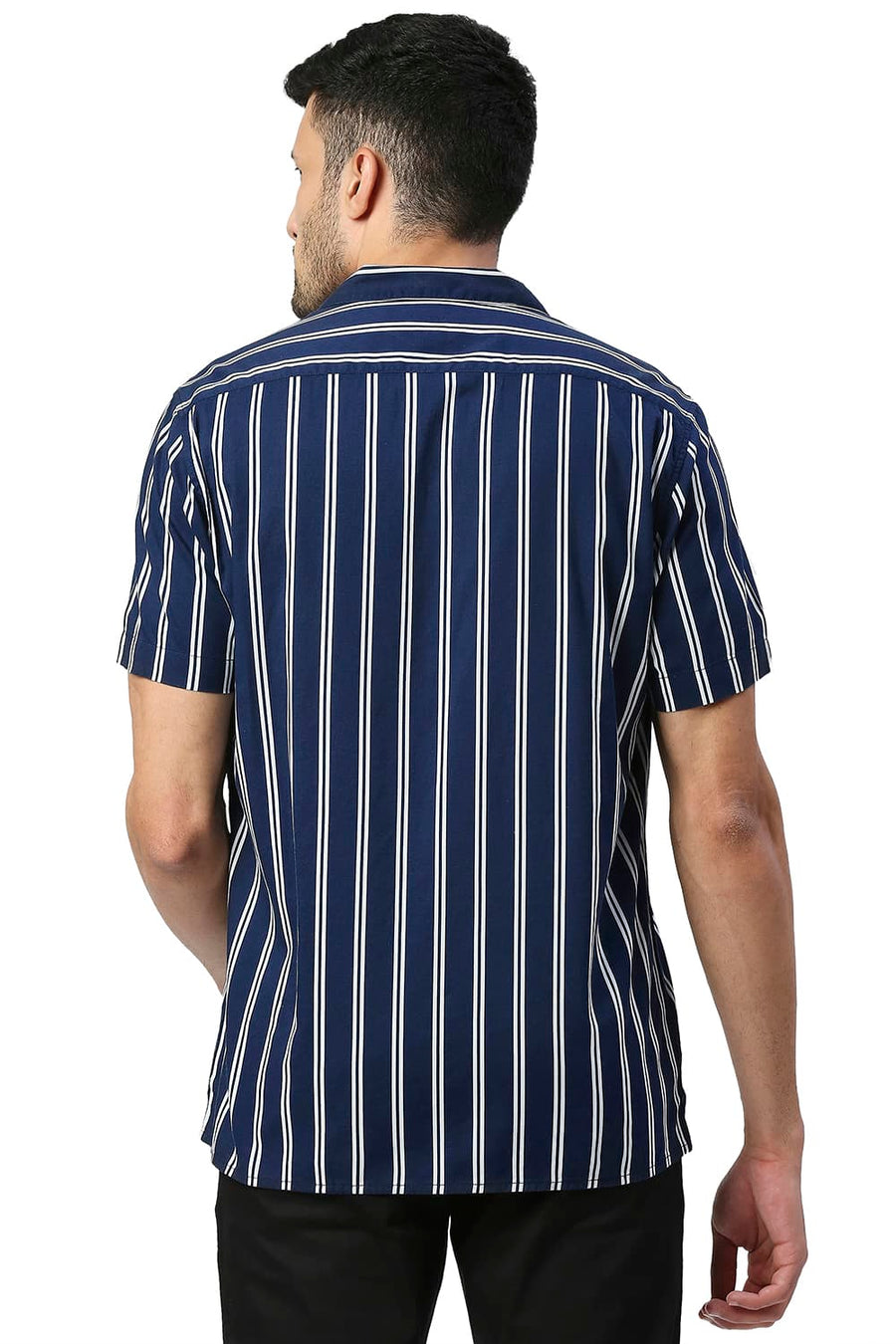 BASICS SLIM FIT PAGEANT NAVY COTTON VISCOSE PRINTED STRIPE HALFSLEEVES SHIRT