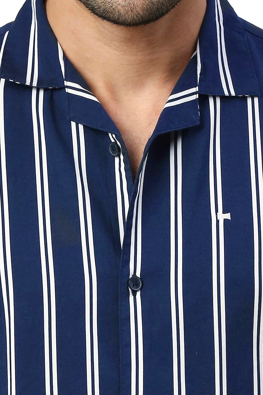 BASICS SLIM FIT PAGEANT NAVY COTTON VISCOSE PRINTED STRIPE HALFSLEEVES SHIRT