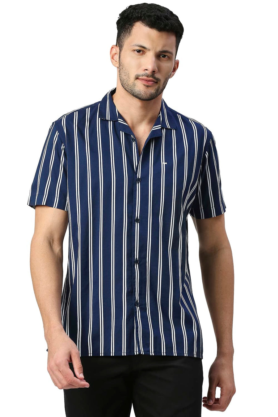 BASICS SLIM FIT PAGEANT NAVY COTTON VISCOSE PRINTED STRIPE HALFSLEEVES SHIRT