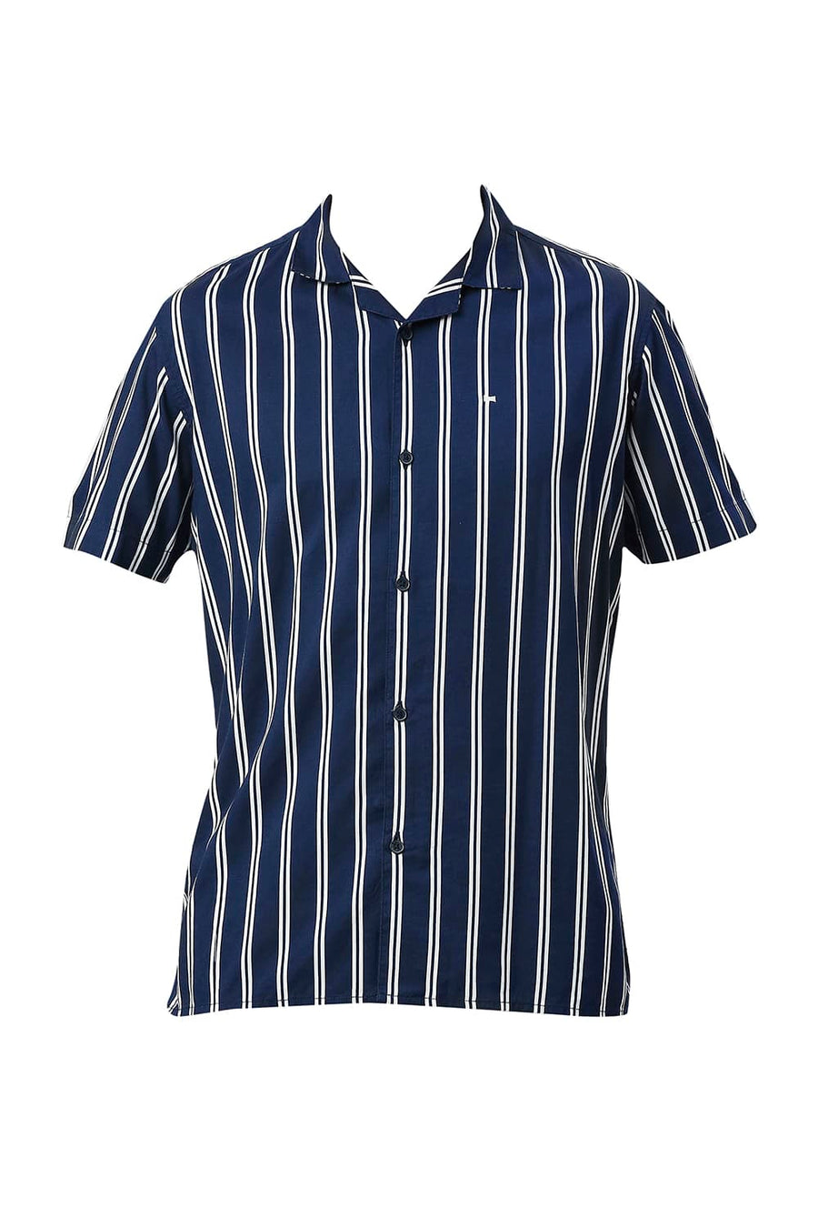 BASICS SLIM FIT PAGEANT NAVY COTTON VISCOSE PRINTED STRIPE HALFSLEEVES SHIRT