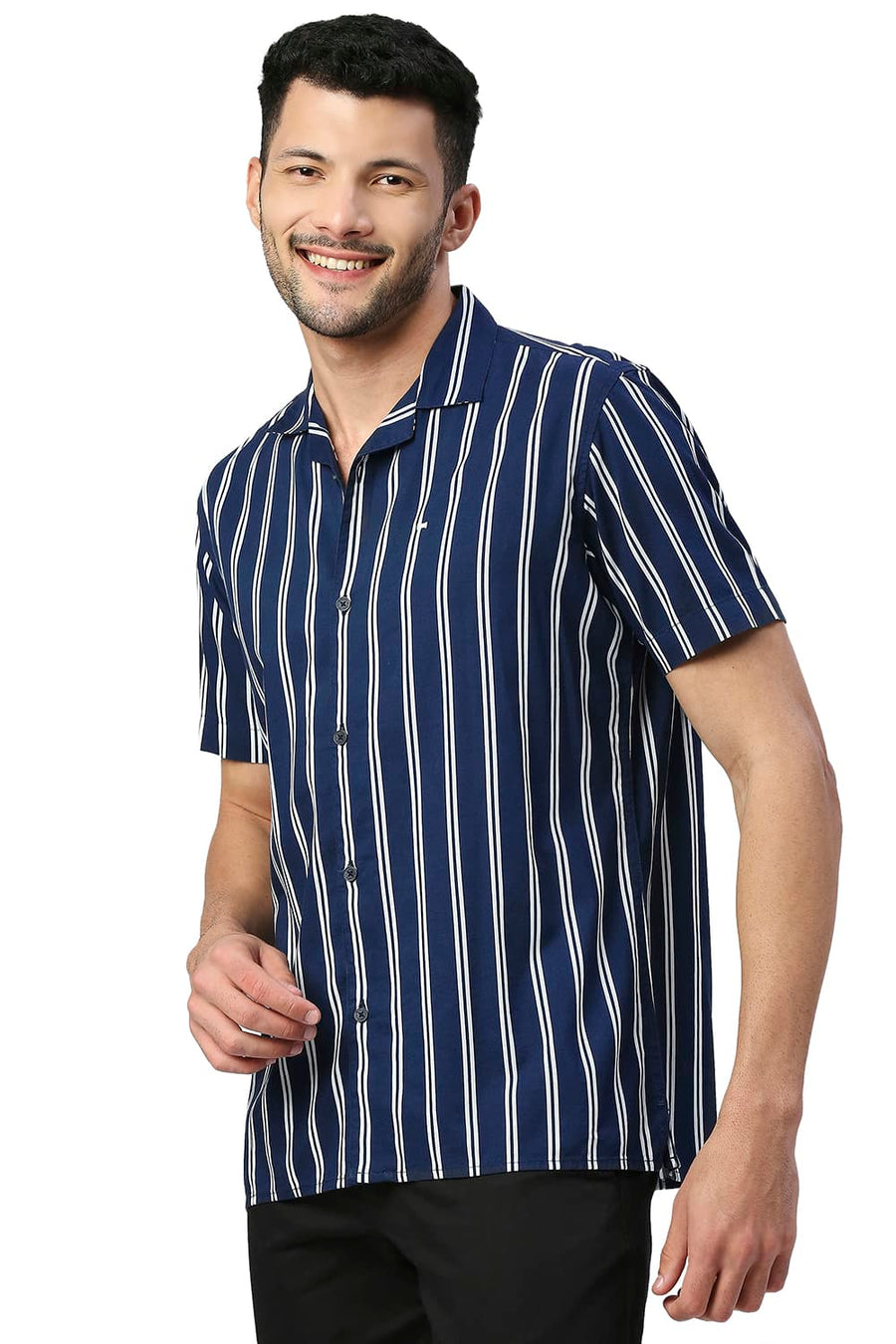 BASICS SLIM FIT PAGEANT NAVY COTTON VISCOSE PRINTED STRIPE HALFSLEEVES SHIRT