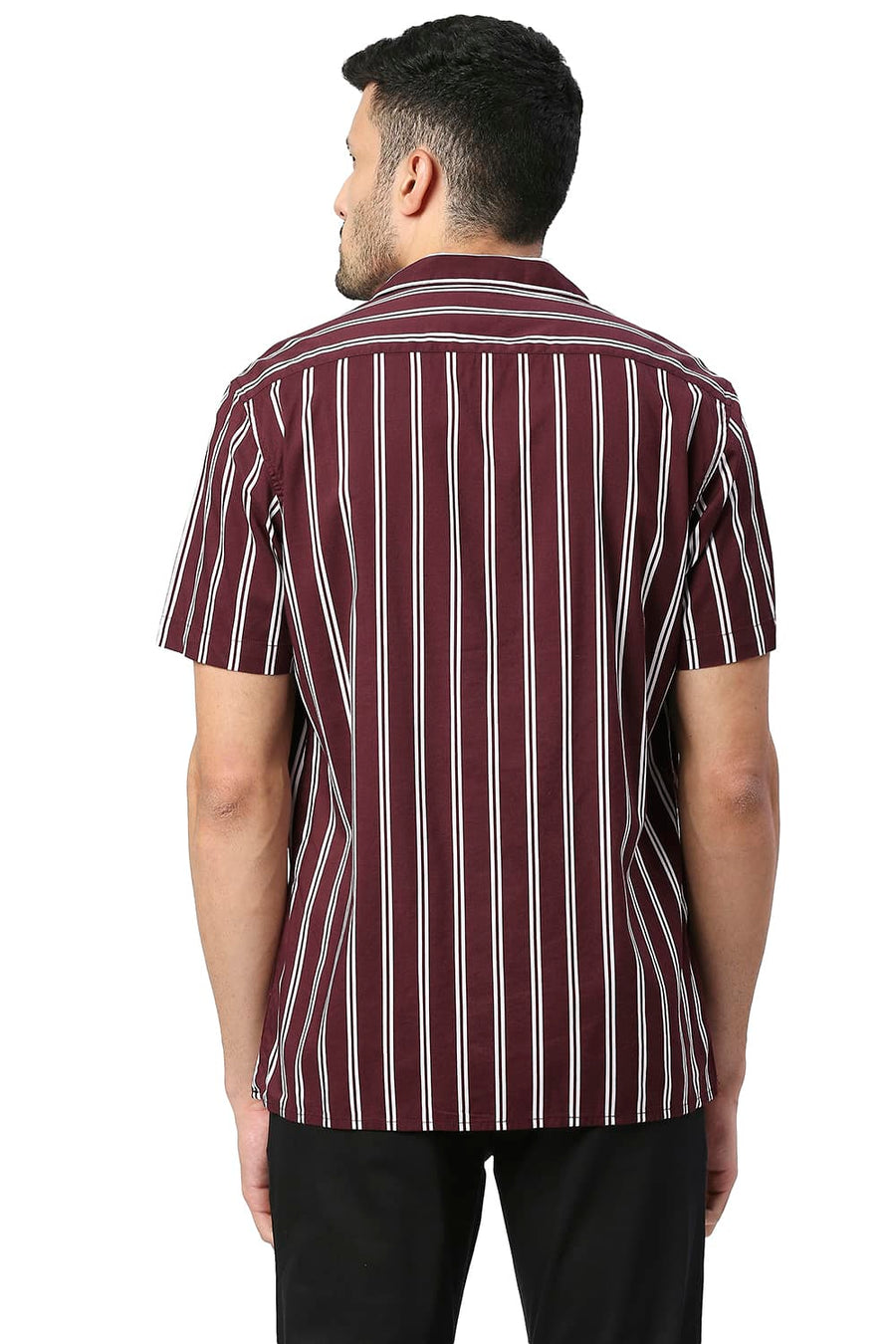 BASICS SLIM FIT TAWNY WINE COTTON VISCOSE PRINTED STRIPE HALFSLEEVES SHIRT
