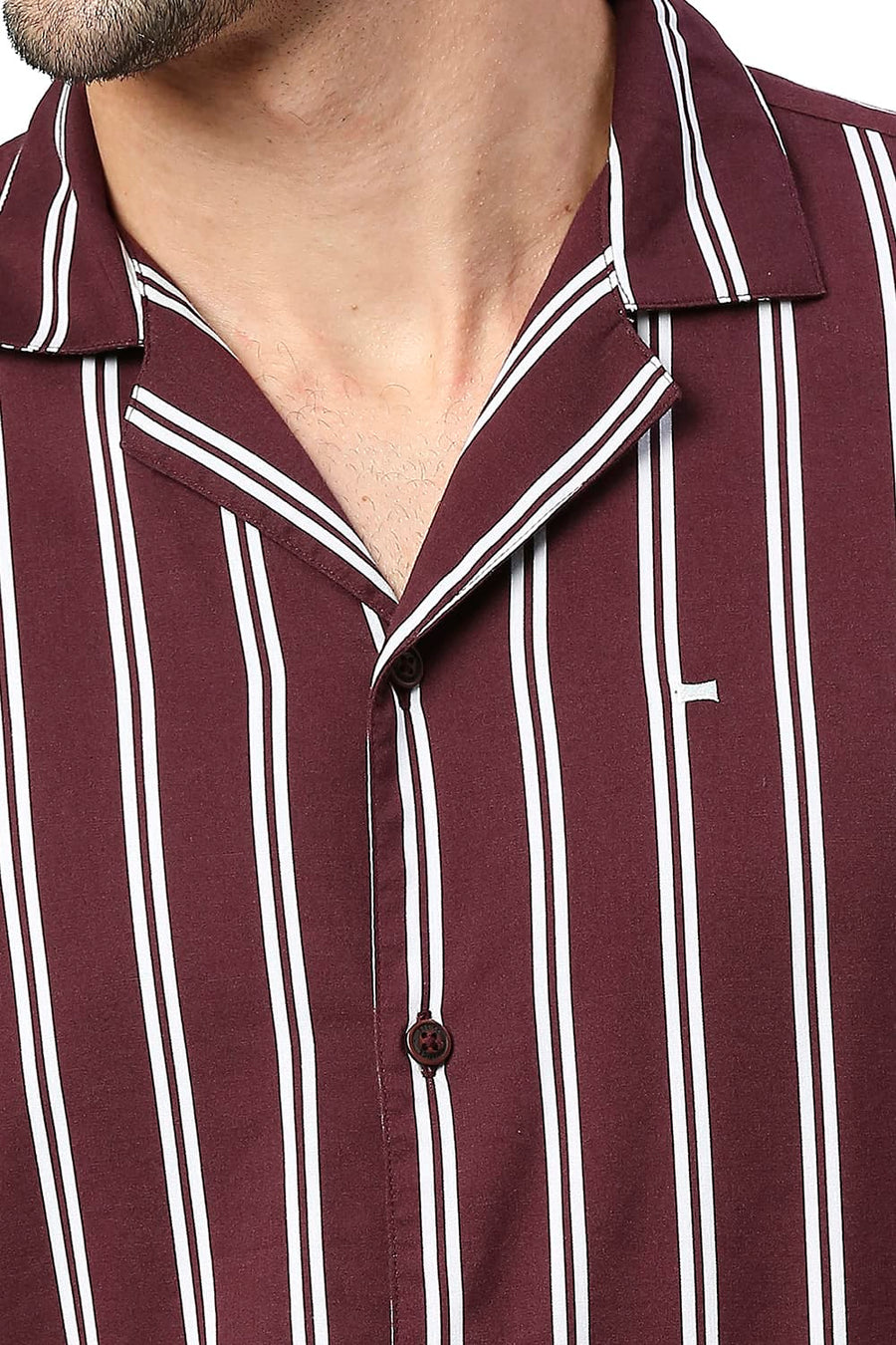 BASICS SLIM FIT TAWNY WINE COTTON VISCOSE PRINTED STRIPE HALFSLEEVES SHIRT