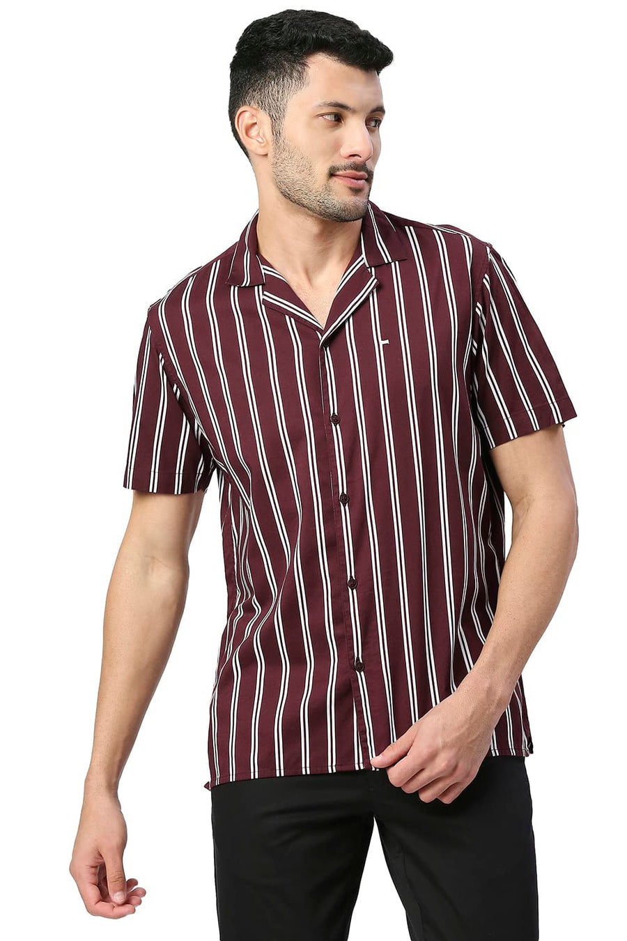 BASICS SLIM FIT TAWNY WINE COTTON VISCOSE PRINTED STRIPE HALFSLEEVES SHIRT
