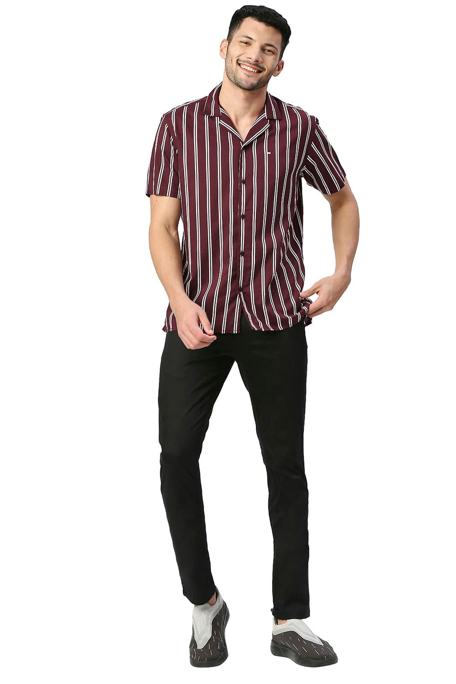 BASICS SLIM FIT TAWNY WINE COTTON VISCOSE PRINTED STRIPE HALFSLEEVES SHIRT
