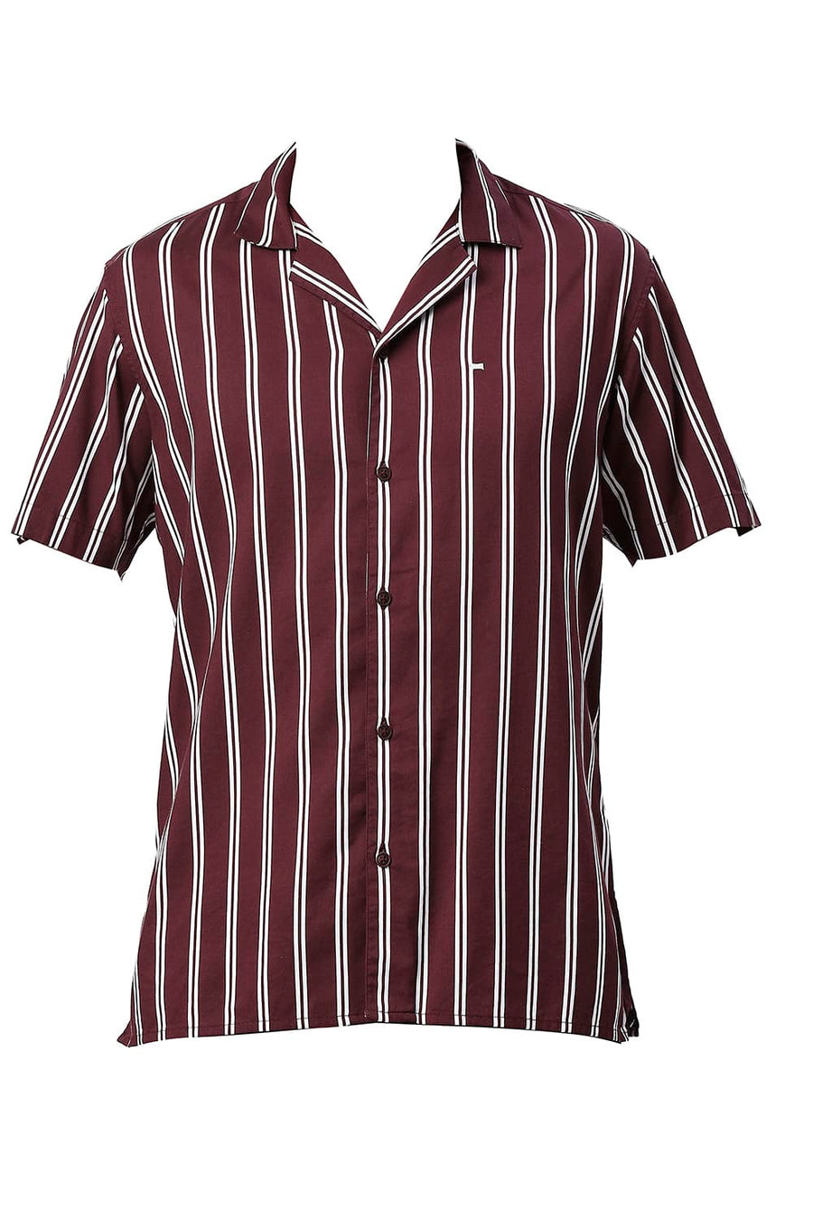 BASICS SLIM FIT TAWNY WINE COTTON VISCOSE PRINTED STRIPE HALFSLEEVES SHIRT