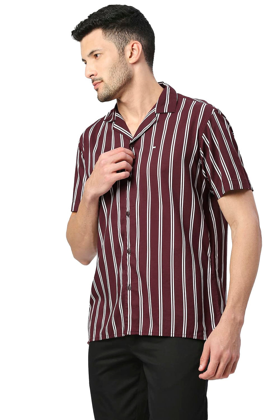 BASICS SLIM FIT TAWNY WINE COTTON VISCOSE PRINTED STRIPE HALFSLEEVES SHIRT