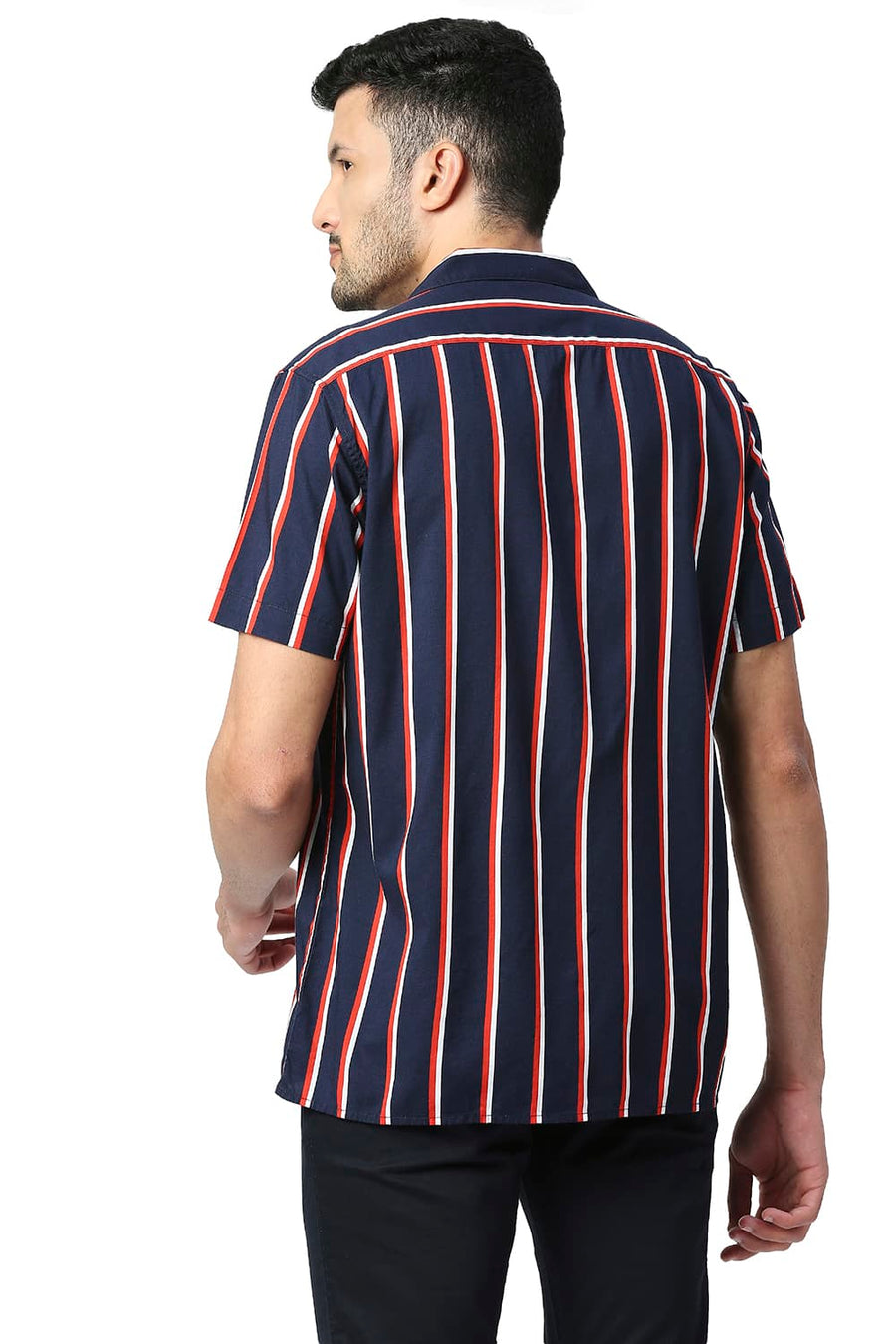 BASICS SLIM FIT OCEAN NAVY COTTON VISCOSE PRINTED STRIPE HALFSLEEVES SHIRT