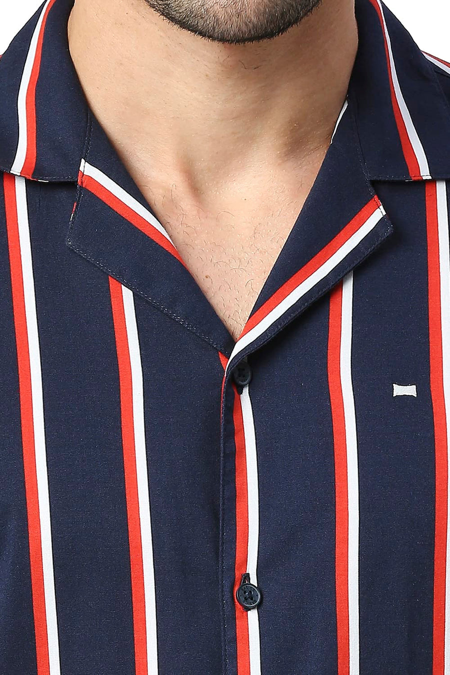 BASICS SLIM FIT OCEAN NAVY COTTON VISCOSE PRINTED STRIPE HALFSLEEVES SHIRT