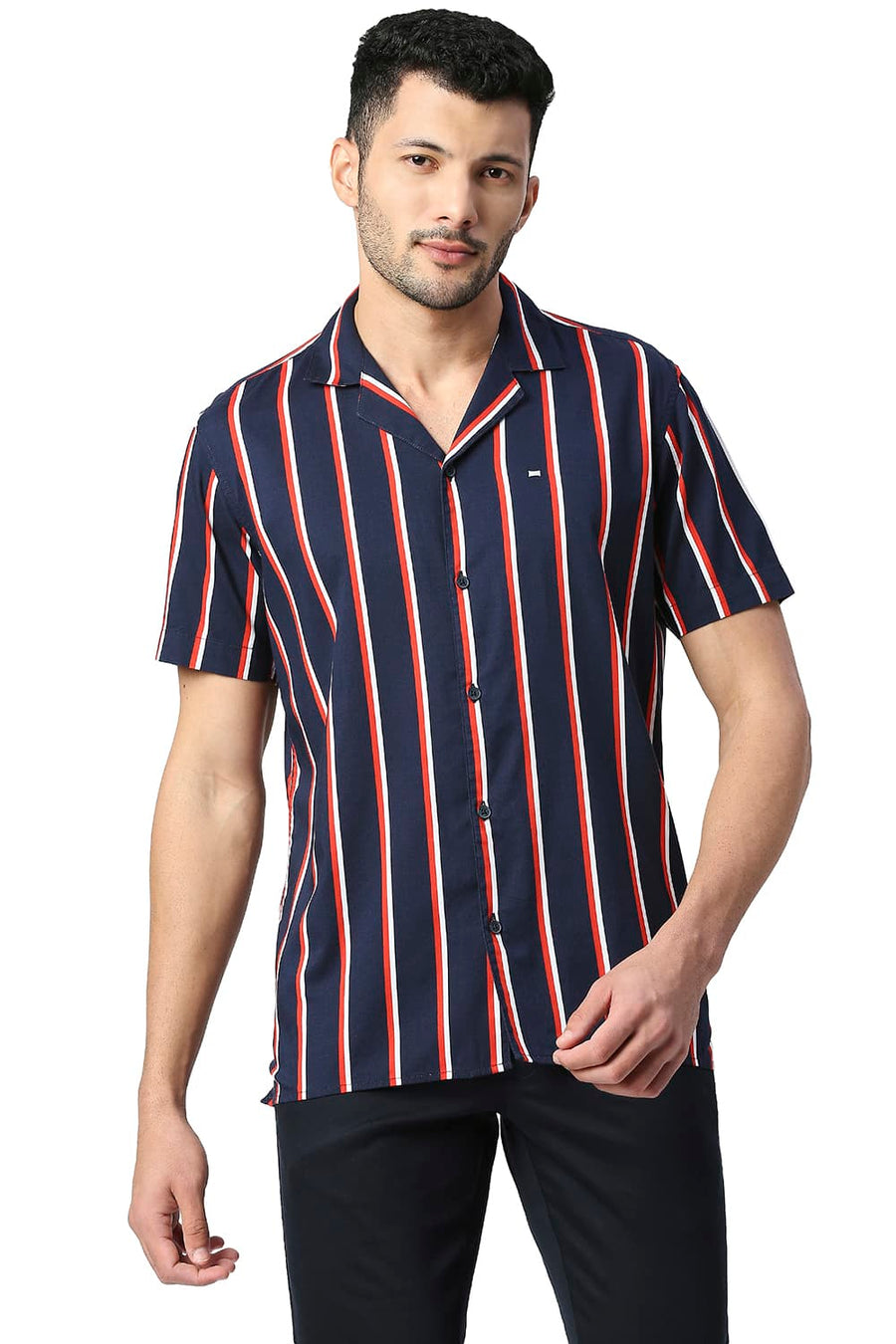 BASICS SLIM FIT OCEAN NAVY COTTON VISCOSE PRINTED STRIPE HALFSLEEVES SHIRT