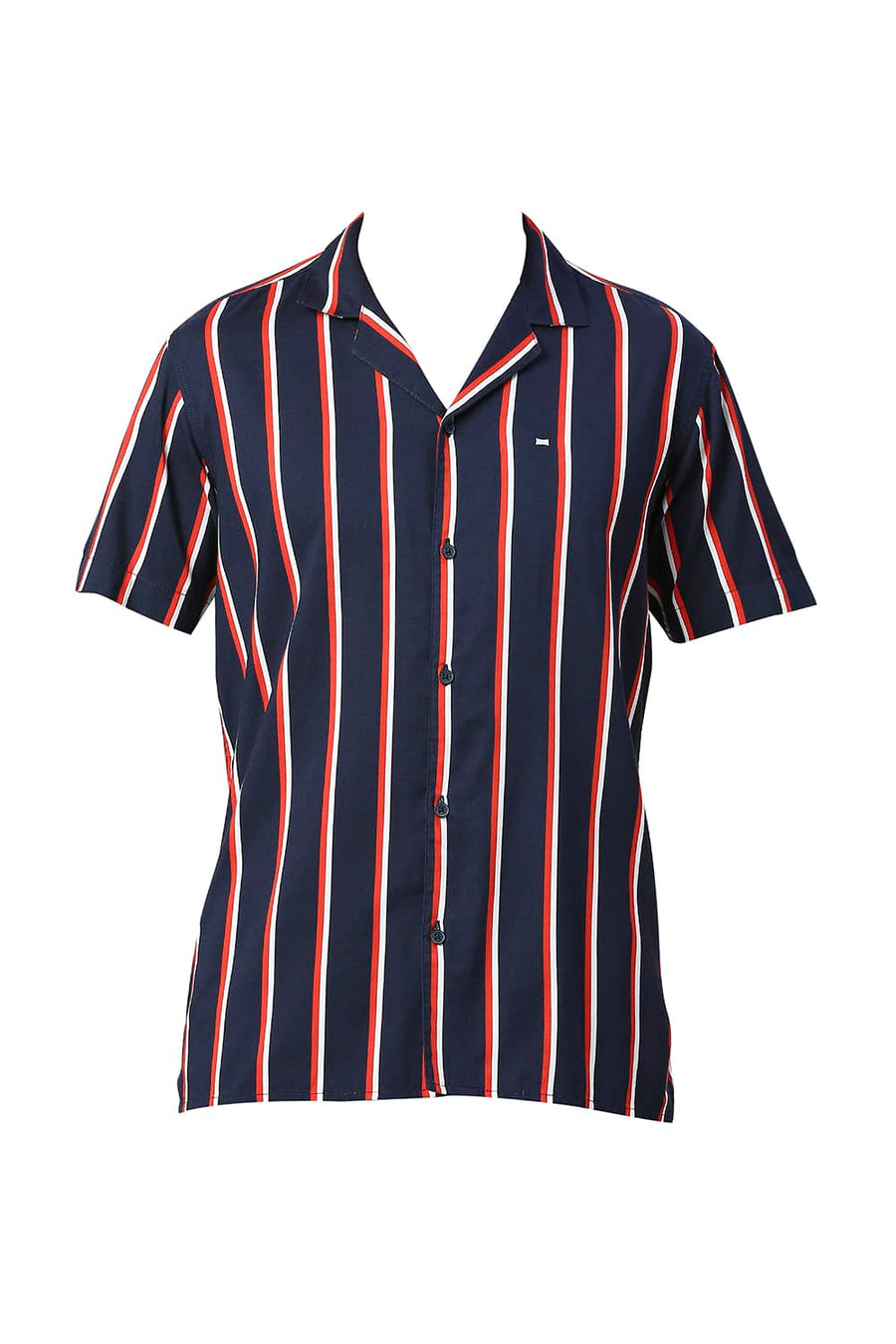 BASICS SLIM FIT OCEAN NAVY COTTON VISCOSE PRINTED STRIPE HALFSLEEVES SHIRT