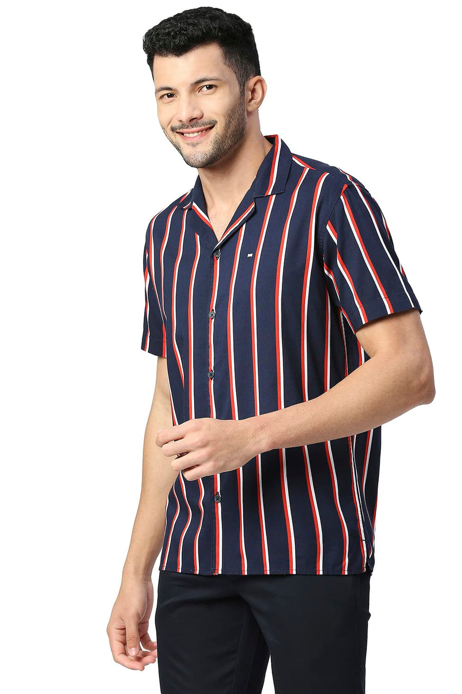 BASICS SLIM FIT OCEAN NAVY COTTON VISCOSE PRINTED STRIPE HALFSLEEVES SHIRT