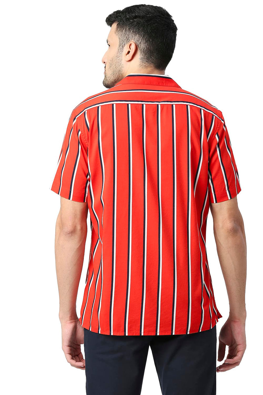 BASICS SLIM FIT ADRENALINE RED COTTON VISCOSE PRINTED STRIPE HALFSLEEVES SHIRT
