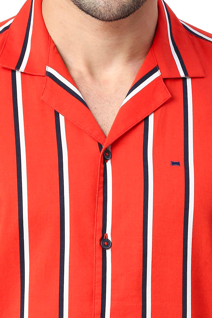 BASICS SLIM FIT ADRENALINE RED COTTON VISCOSE PRINTED STRIPE HALFSLEEVES SHIRT