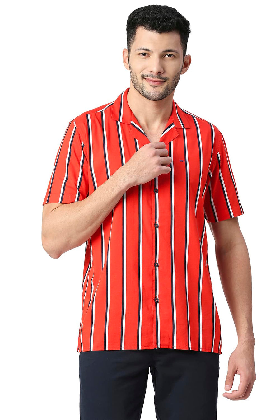 BASICS SLIM FIT ADRENALINE RED COTTON VISCOSE PRINTED STRIPE HALFSLEEVES SHIRT
