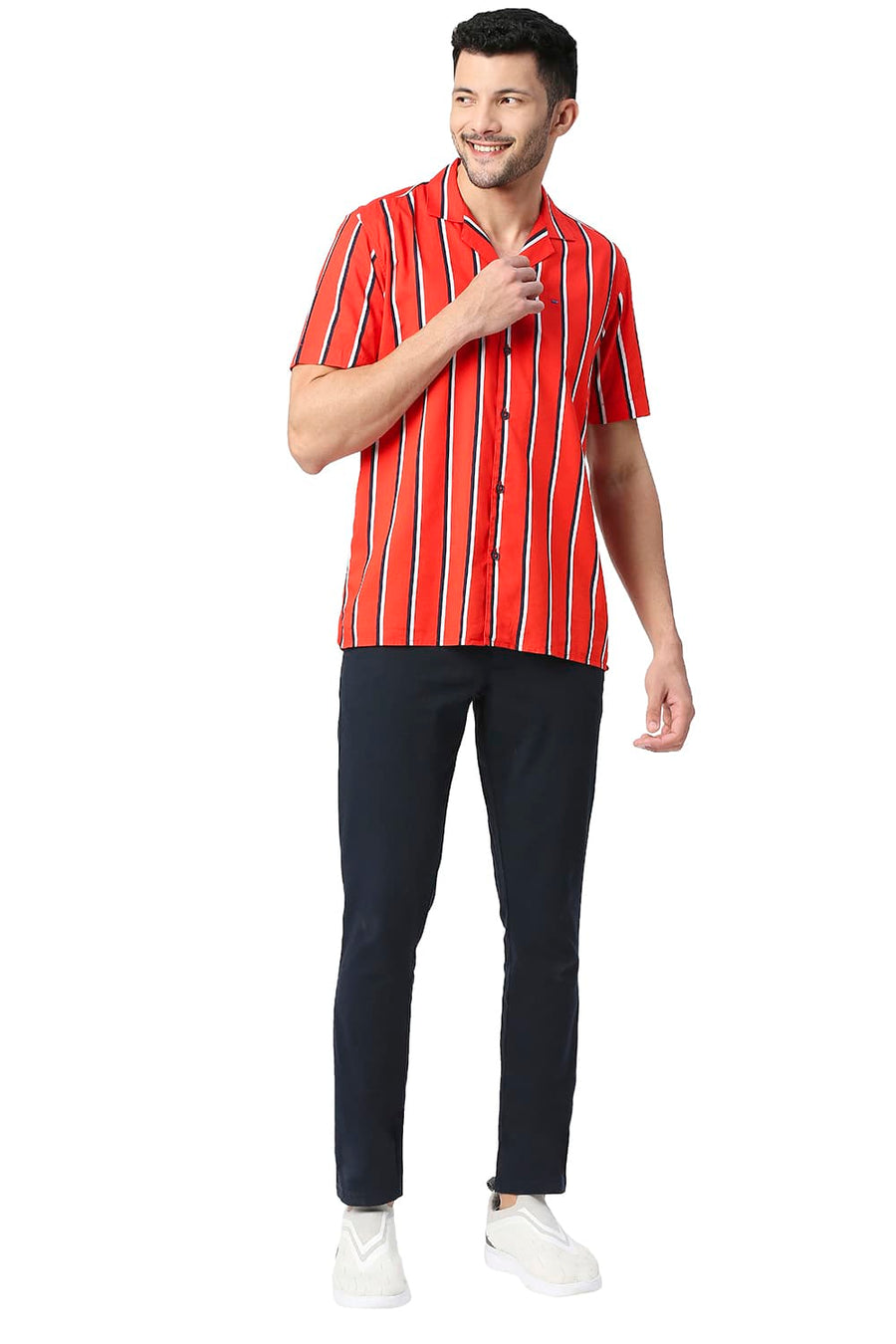 BASICS SLIM FIT ADRENALINE RED COTTON VISCOSE PRINTED STRIPE HALFSLEEVES SHIRT