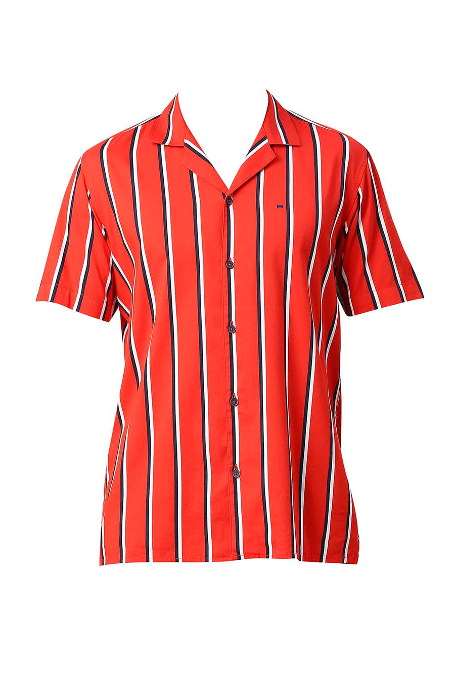 BASICS SLIM FIT ADRENALINE RED COTTON VISCOSE PRINTED STRIPE HALFSLEEVES SHIRT