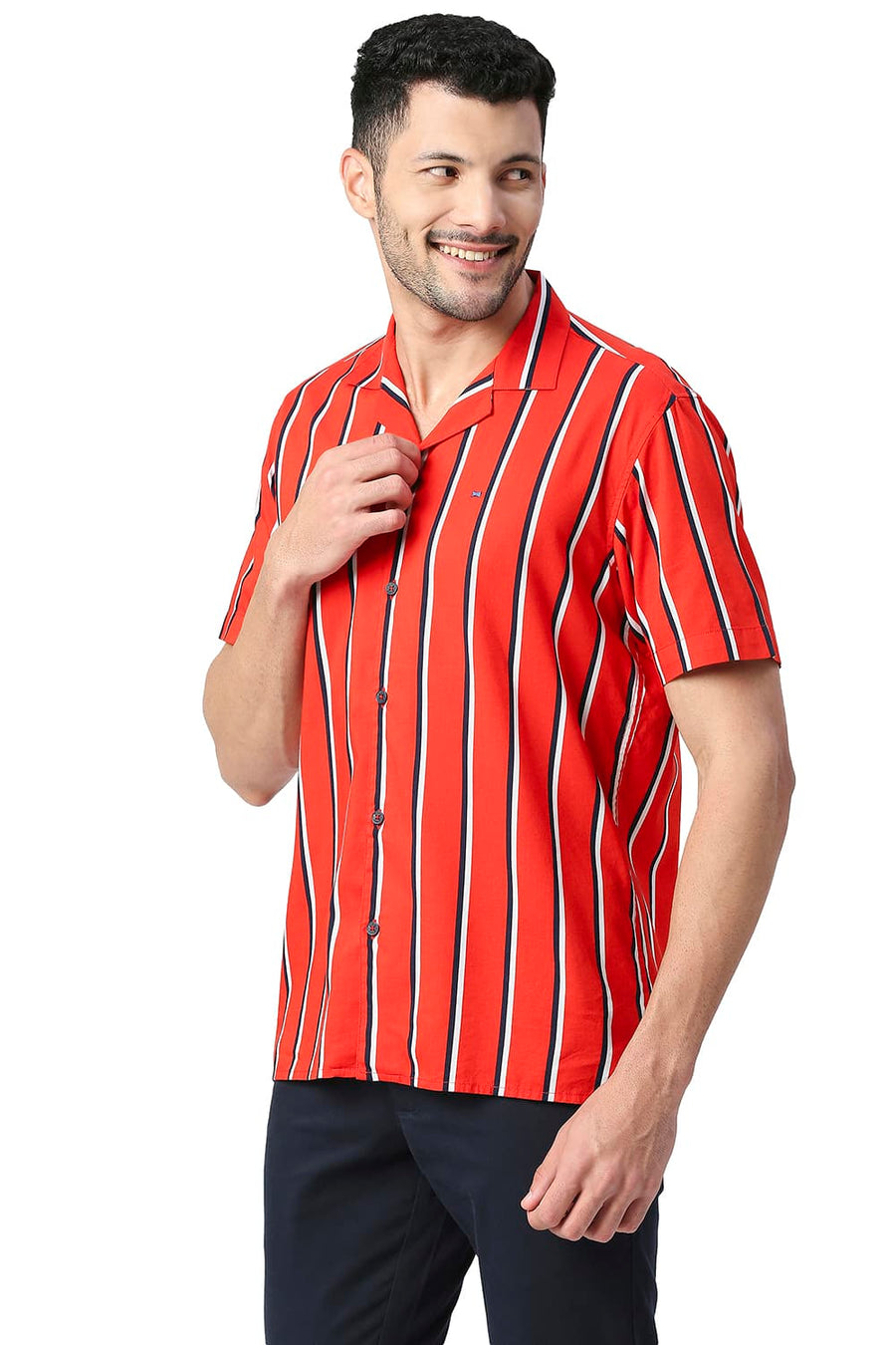 BASICS SLIM FIT ADRENALINE RED COTTON VISCOSE PRINTED STRIPE HALFSLEEVES SHIRT