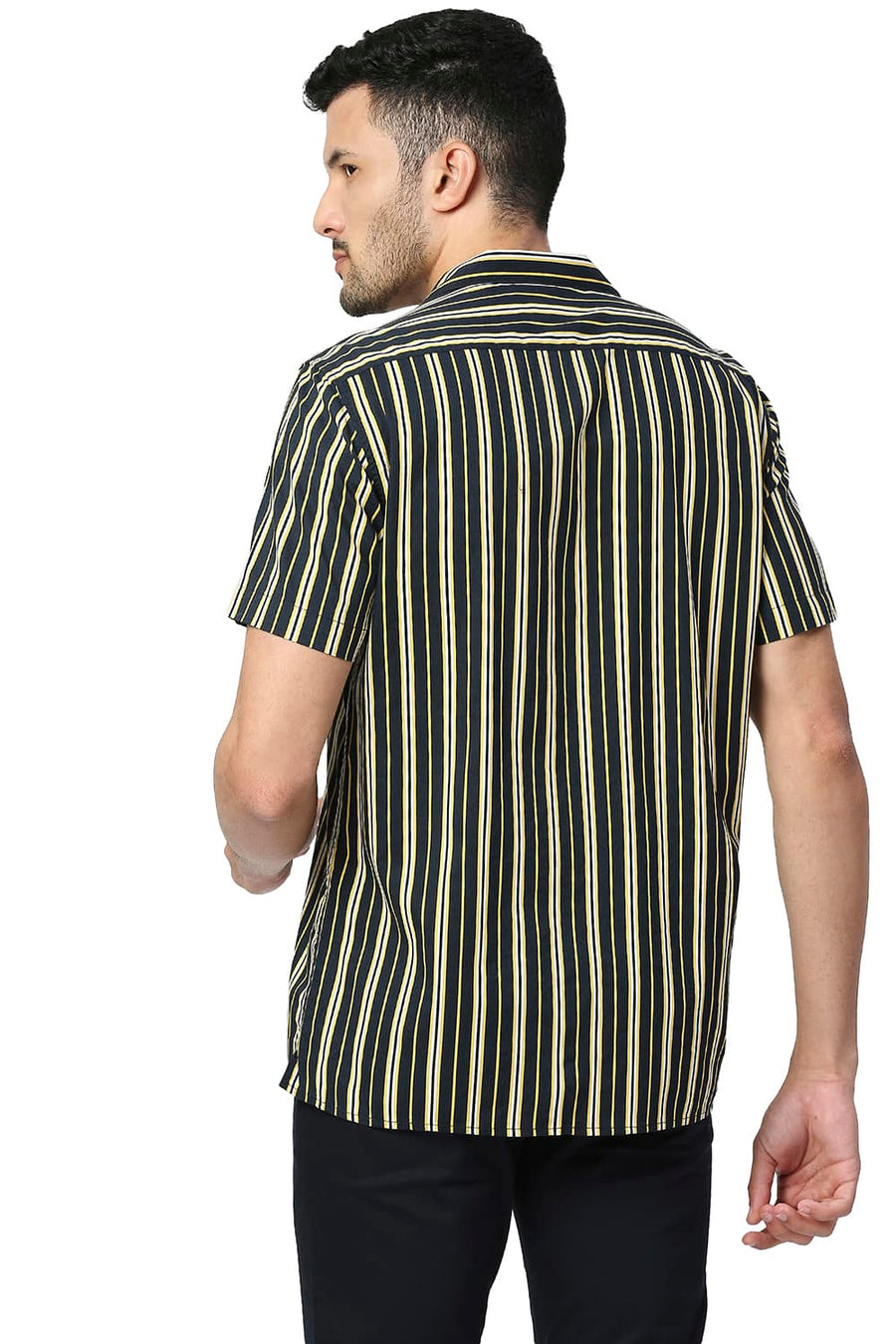 BASICS SLIM FIT SUNSTRUCK YELLOW COTTON VISCOSE PRINTED STRIPE HALFSLEEVES SHIRT