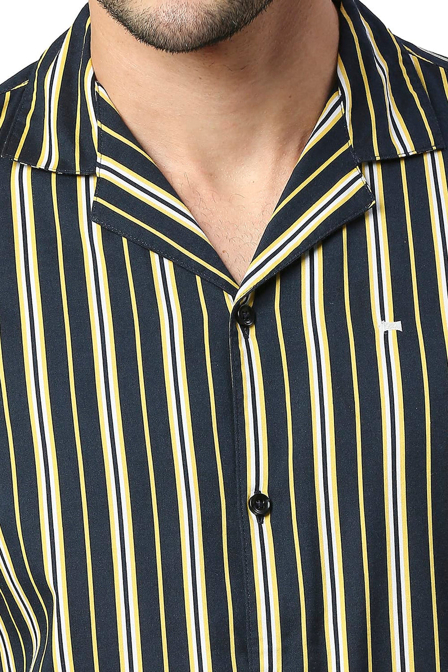 BASICS SLIM FIT SUNSTRUCK YELLOW COTTON VISCOSE PRINTED STRIPE HALFSLEEVES SHIRT