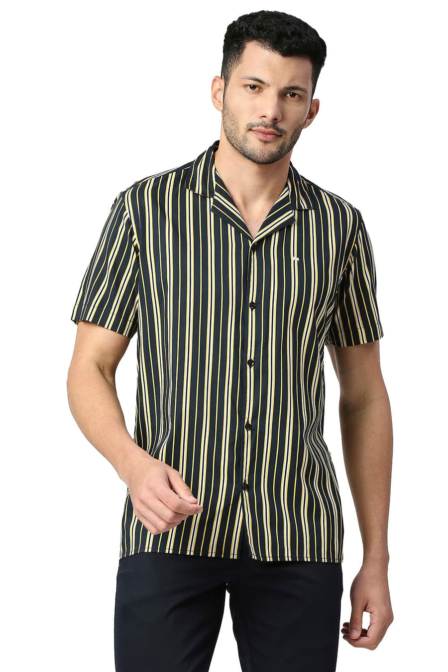 BASICS SLIM FIT SUNSTRUCK YELLOW COTTON VISCOSE PRINTED STRIPE HALFSLEEVES SHIRT