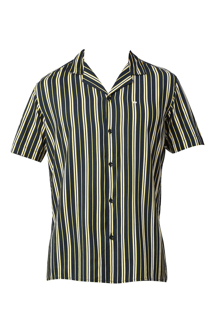 BASICS SLIM FIT SUNSTRUCK YELLOW COTTON VISCOSE PRINTED STRIPE HALFSLEEVES SHIRT