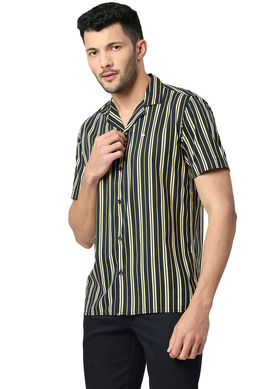 BASICS SLIM FIT SUNSTRUCK YELLOW COTTON VISCOSE PRINTED STRIPE HALFSLEEVES SHIRT
