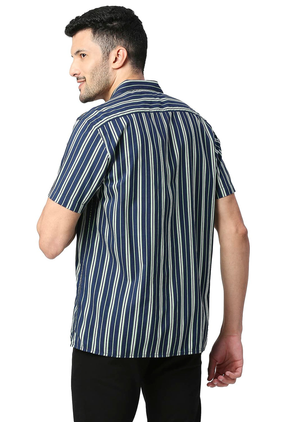 BASICS SLIM FIT FAIR GREEN COTTON VISCOSE PRINTED STRIPE HALFSLEEVES SHIRT