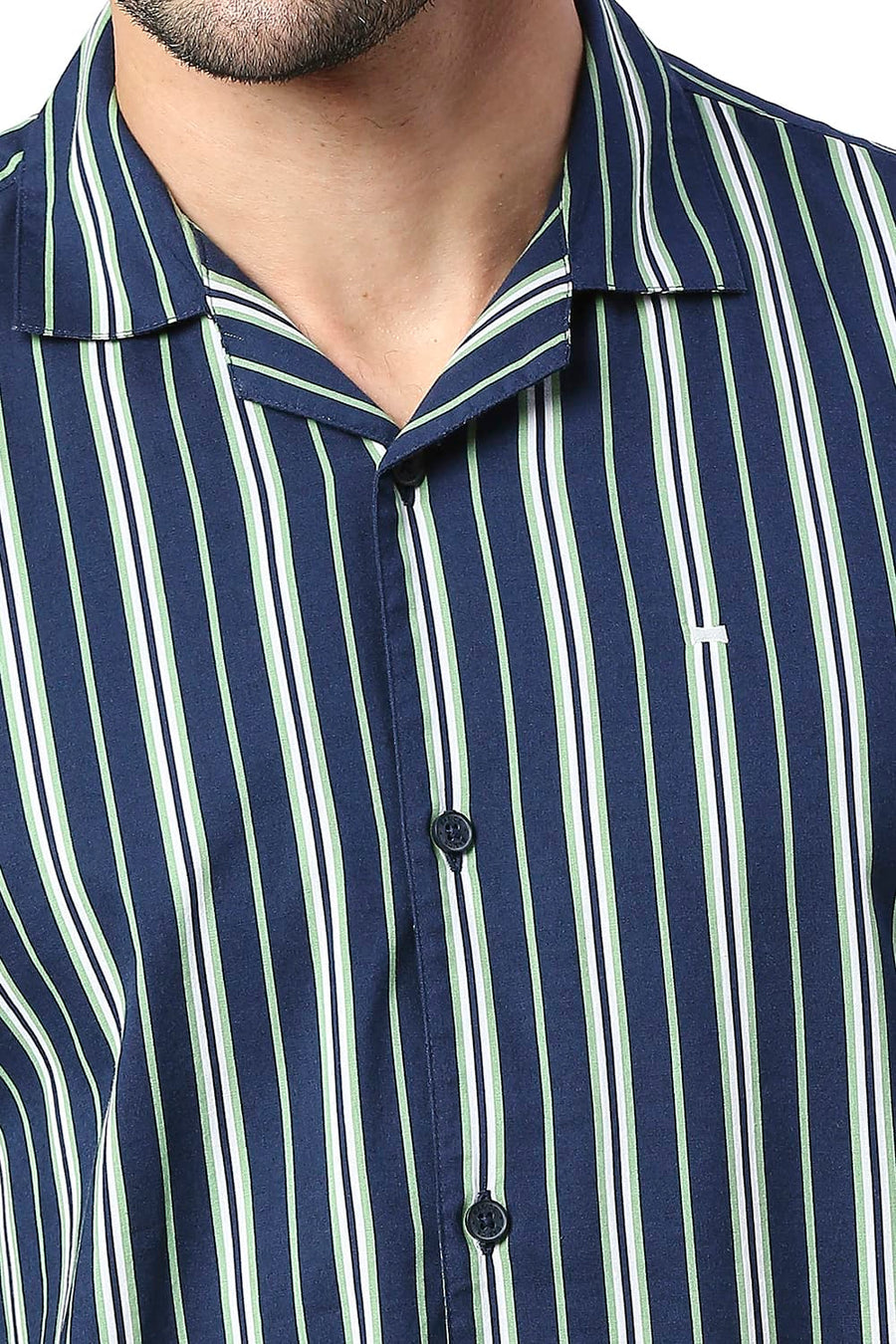 BASICS SLIM FIT FAIR GREEN COTTON VISCOSE PRINTED STRIPE HALFSLEEVES SHIRT