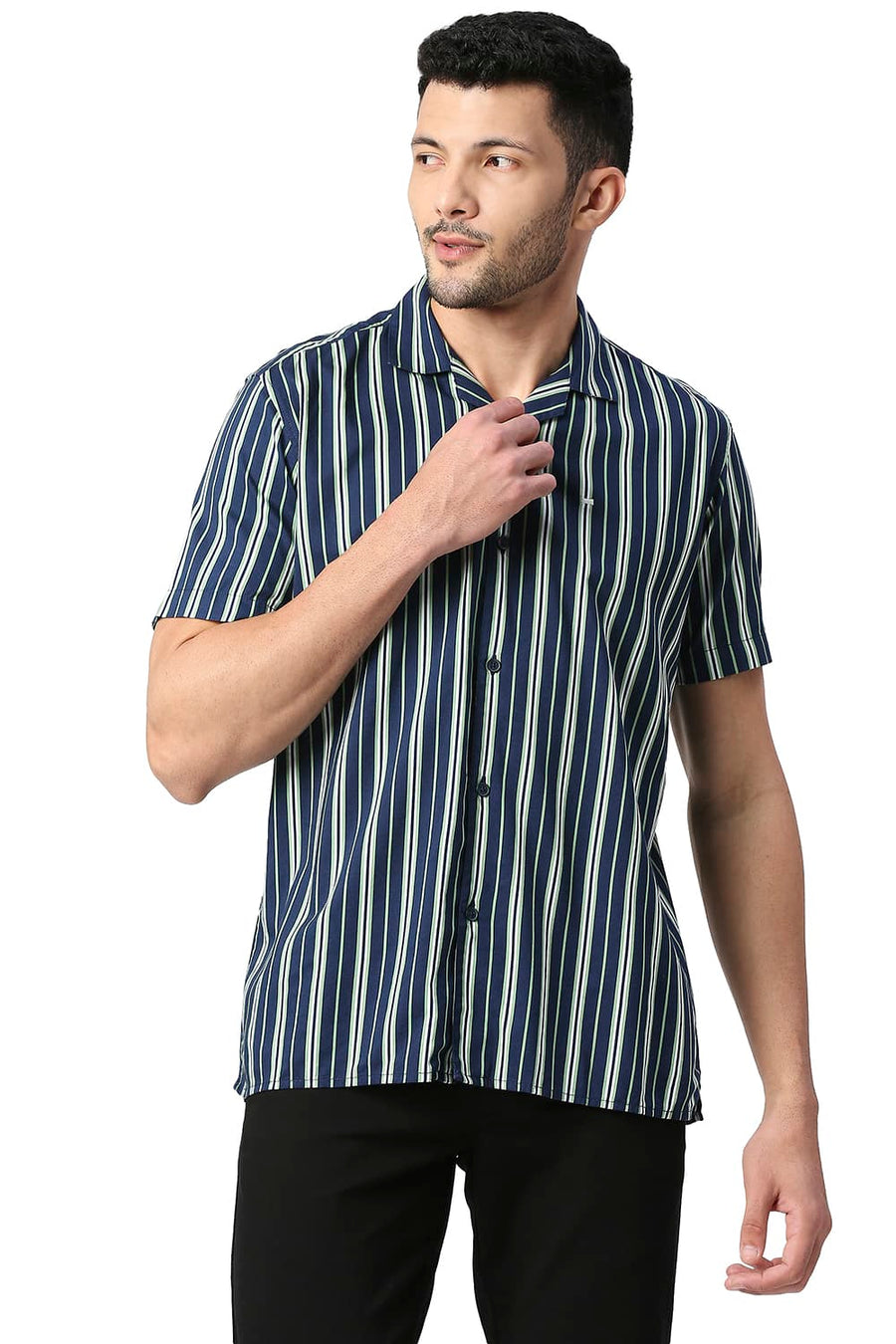 BASICS SLIM FIT FAIR GREEN COTTON VISCOSE PRINTED STRIPE HALFSLEEVES SHIRT