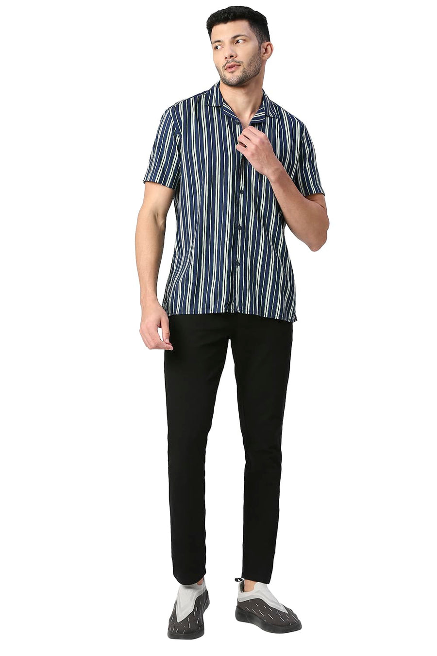 BASICS SLIM FIT FAIR GREEN COTTON VISCOSE PRINTED STRIPE HALFSLEEVES SHIRT