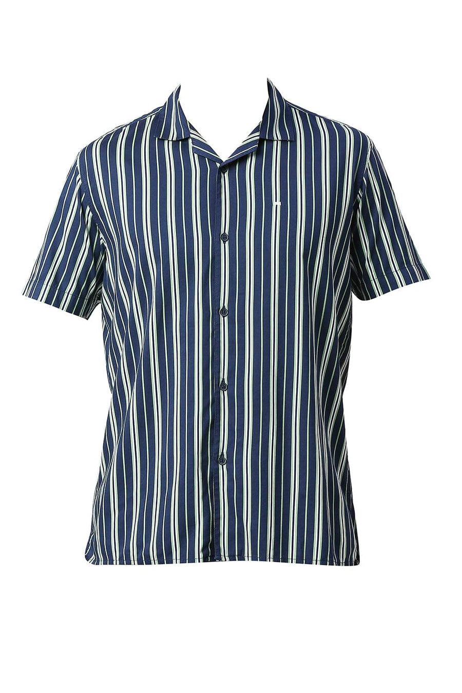 BASICS SLIM FIT FAIR GREEN COTTON VISCOSE PRINTED STRIPE HALFSLEEVES SHIRT