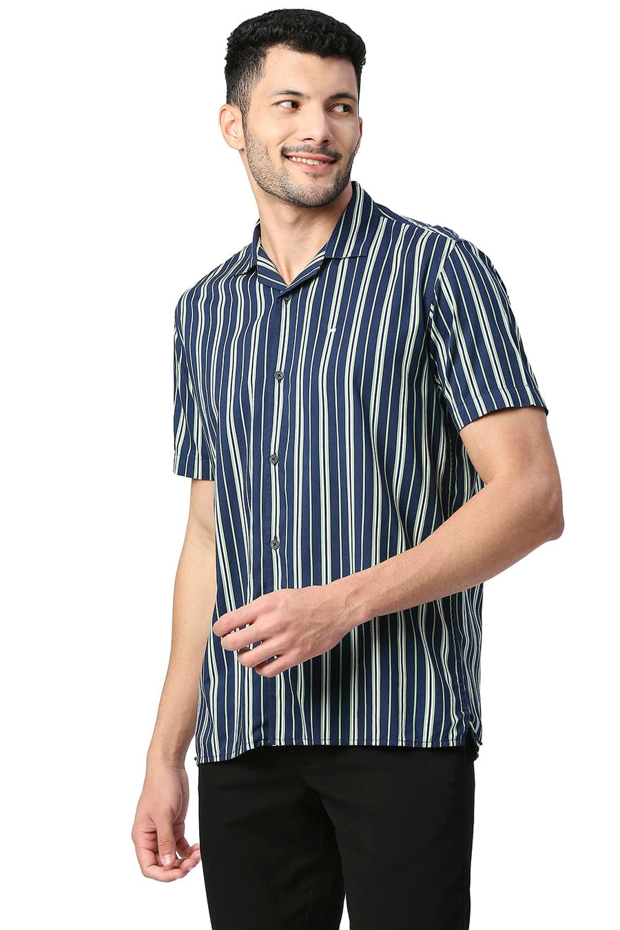 BASICS SLIM FIT FAIR GREEN COTTON VISCOSE PRINTED STRIPE HALFSLEEVES SHIRT