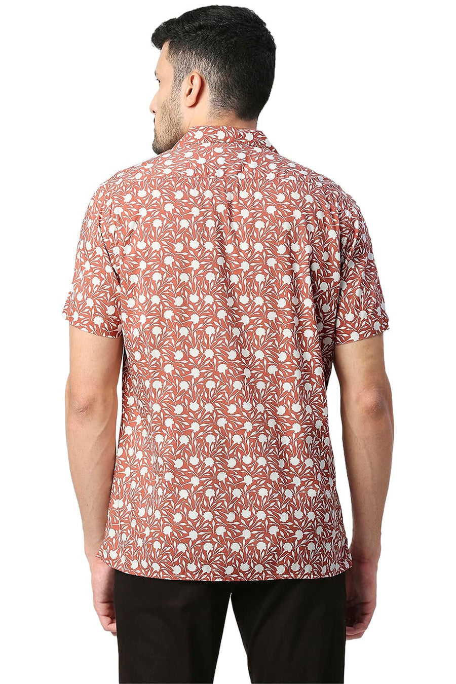 BASICS SLIM FIT SPICED BRICK COTTON VISCOSE PRINTED HALFSLEEVES SHIRT
